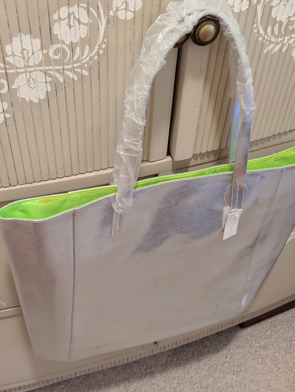 Clinique Metallic Silver Large Tote Bag Lime Lining New